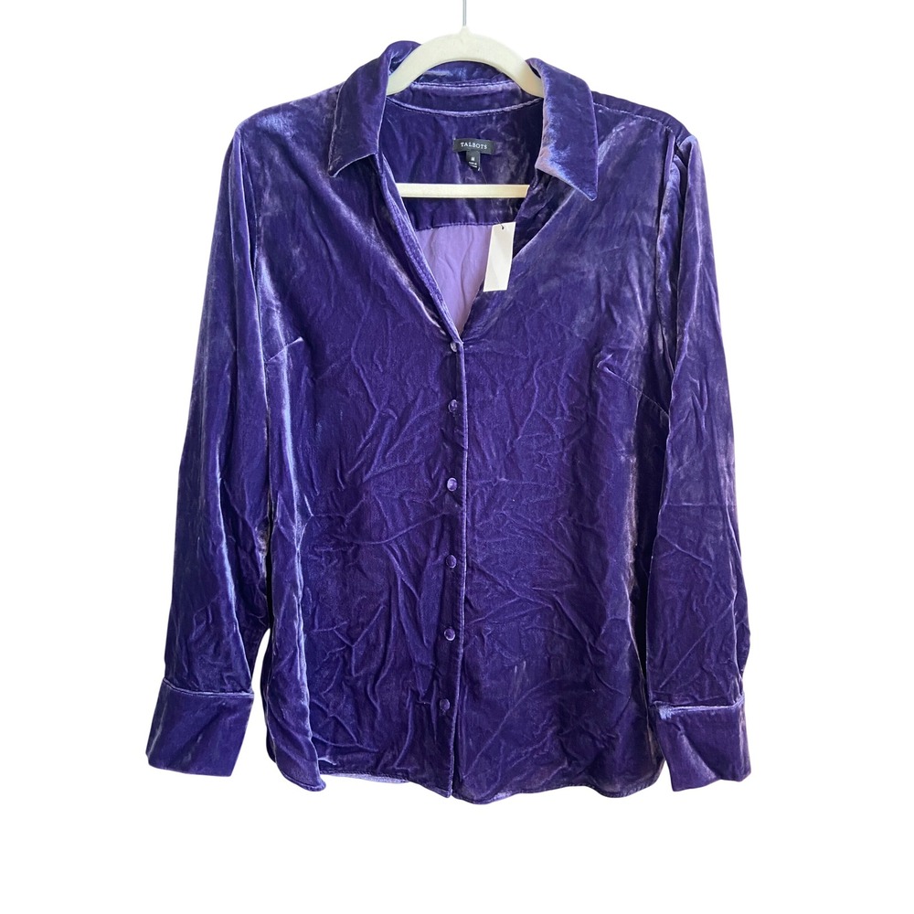 Talbots Purple Velvet Button Down Long Sleeve Blouse Shirt Medium NWT